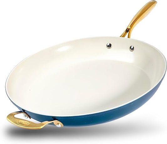 Gotham Steel 14 Inch Non Stick Frying Pans, Family Sized Non Stick Skillet, Large Frying Pan Nonstick Frying Pan, Induction Pan, Nonstick Pan for Cooking, Oven Safe Skillet, Dishwasher Safe–Cream Navy