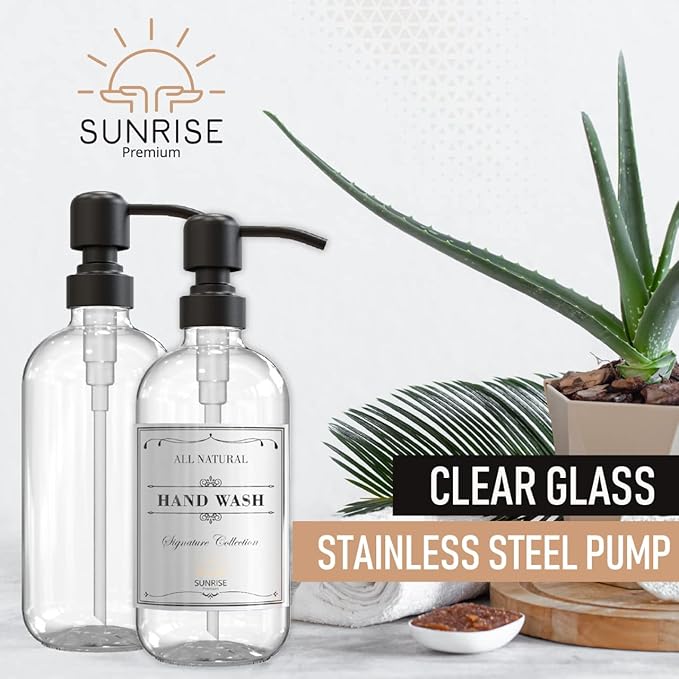 Sunrise Premium 2 Pack Clear Glass Soap Dispenser 16 OZ with Matte Black Stainless Steel Pump, Hand and Dish Soap Dispenser Set for Bathroom and Kitchen Sink with 6 Waterproof Labels - Image 3