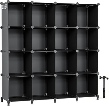 Neprock 16 Cubby Storage Organizer, Closet Clothes Storage Organizer, Cube Shelves Closet Organizers and Storage Shelves for Clothing Storage with Hammer, Bookshelf for Kids（Black）