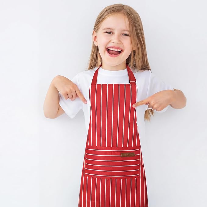 2 Pack Stripes Kids Apron, Kids Cooking Aprons with 2 Pockets, Cute Aprons for Cooking for Boys and Girls