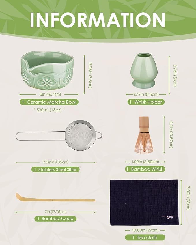 Matcha Whisk Set, Ceramic Matcha Bowl, Bamboo Whisk, Scoop, Sifter, Holder, Tea Towel - 6 Pcs Matcha Kit Gift for Matcha Lovers Beginners (Green) - Image 6