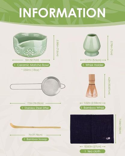Matcha Whisk Set, Ceramic Matcha Bowl, Bamboo Whisk, Scoop, Sifter, Holder, Tea Towel - 6 Pcs Matcha Kit Gift for Matcha Lovers Beginners (Green) - Image 6