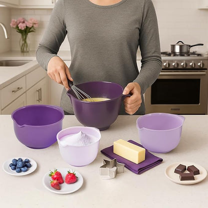 Glad Mixing Bowls with Pour Spout, Set of 4 - Nesting Plastic Bowls (1.2qt, 1.9qt, 2.8qt, and 3qt with Handle) - Non Slip Base, Dishwasher Safe Kitchen Cooking and Baking Supplies, Purple - Image 3
