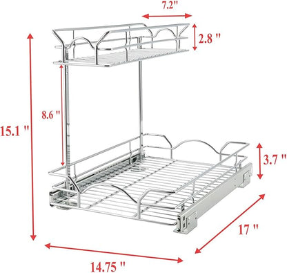 OCG Under Sink Cabinet Organizer Two Tier Pull Out Shelf (14.75W x 17D), Under Sink Sliding Shelf for Kitchen Bathroom Cabinet 2 Tier Chrome