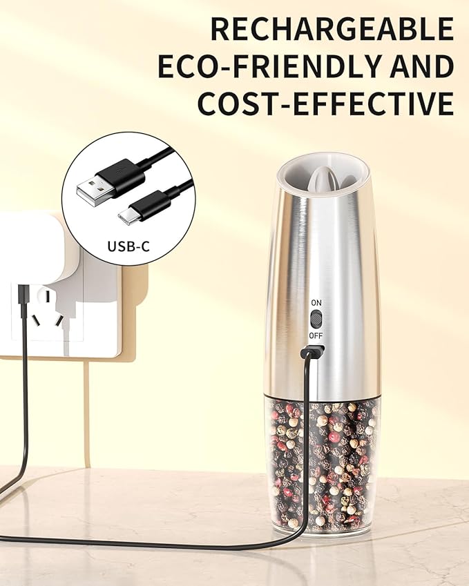 CIRCLE JOY Rechargeable Gravity Electric Salt and Pepper Grinder Set, Stainless Steels Salt and Pepper Mills with LED Light, No Battery Needed, Adjustable Coarseness, Washable 135ml Container, Silver - Image 3