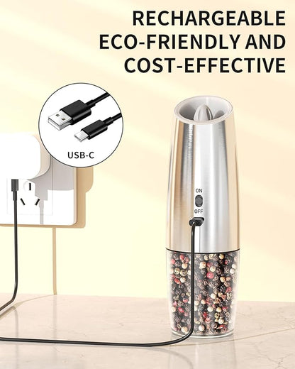 CIRCLE JOY Rechargeable Gravity Electric Salt and Pepper Grinder Set, Stainless Steels Salt and Pepper Mills with LED Light, No Battery Needed, Adjustable Coarseness, Washable 135ml Container, Silver - Image 3
