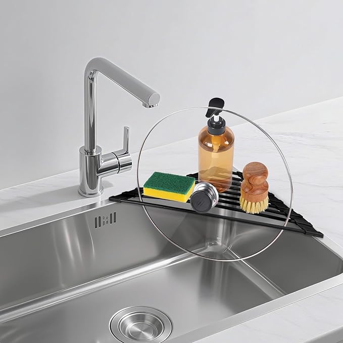 HANZENMA Triangular Sink Rack, Multi-Functional Rack Above the countertop, Foldable Sink Drying mat, Heat-Resistant, Non-Slip, and Rust-Proof Dish Rack (Black) - Image 7