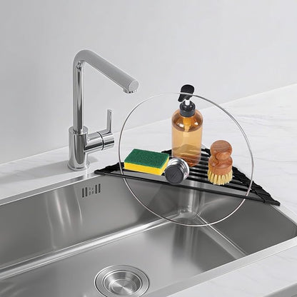 HANZENMA Triangular Sink Rack, Multi-Functional Rack Above the countertop, Foldable Sink Drying mat, Heat-Resistant, Non-Slip, and Rust-Proof Dish Rack (Black) - Image 7