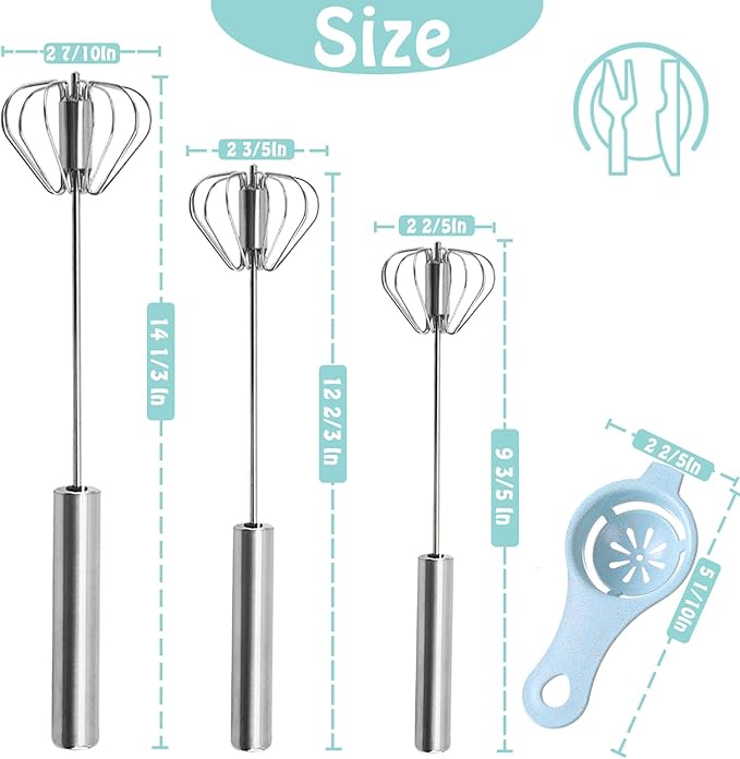 Semi-automatic Whisk, Stainless Steel Egg Beater, Hand Push Rotary Whisks Mixer Stirrer for Making Cream, Whisking, Beating and Stirring (Silver) - Image 2
