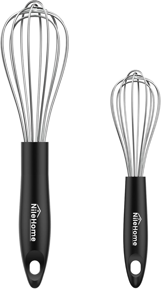 NileHome Silicone Whisk Set 8" 10" Kitchen Whisk Kitchen Wisk Wire Whisks for Cooking, Whisking, Blending, Beating, Stirring-Black Silver by NileHome