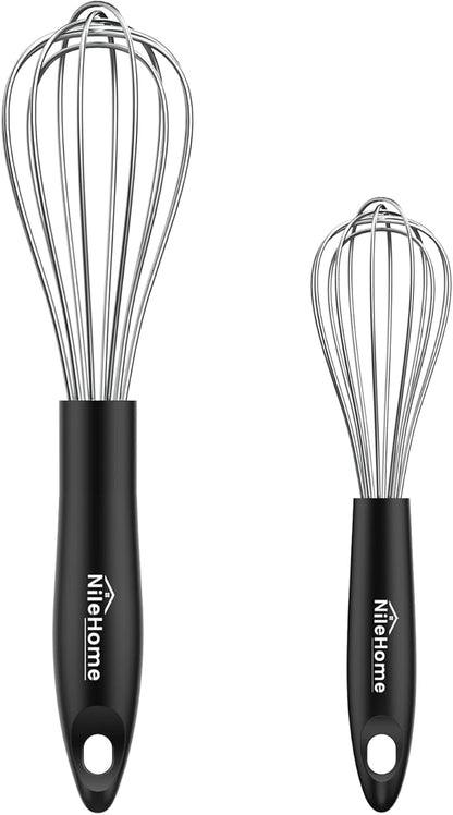 NileHome Silicone Whisk Set 8" 10" Kitchen Whisk Kitchen Wisk Wire Whisks for Cooking, Whisking, Blending, Beating, Stirring-Black Silver by NileHome