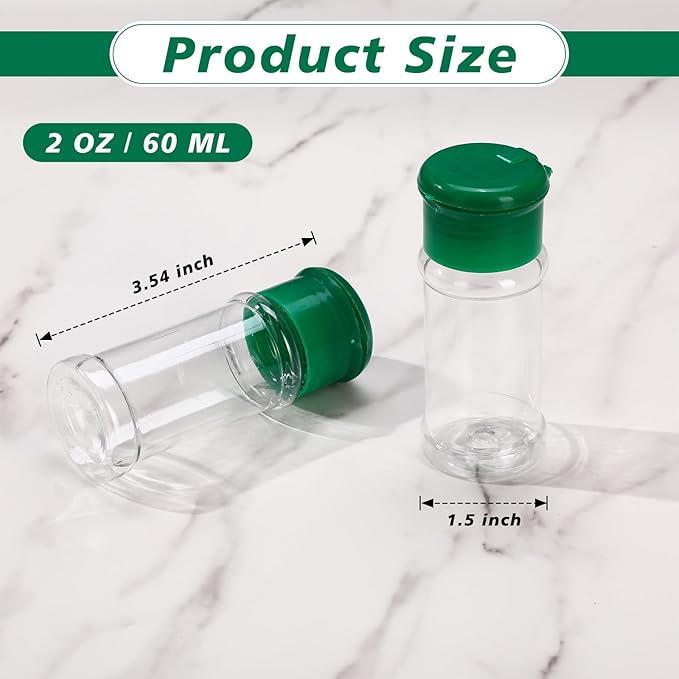 Amyhill 100 Pcs Plastic Spice Bottles Spice Jars with Green Cap Seasoning Jars Shaker 2 Oz/ 60ml Clear Bottle Containers with Shaker Lids for Storing Herbs and Seasoning Powders