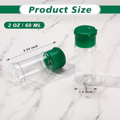 Amyhill 100 Pcs Plastic Spice Bottles Spice Jars with Green Cap Seasoning Jars Shaker 2 Oz/ 60ml Clear Bottle Containers with Shaker Lids for Storing Herbs and Seasoning Powders