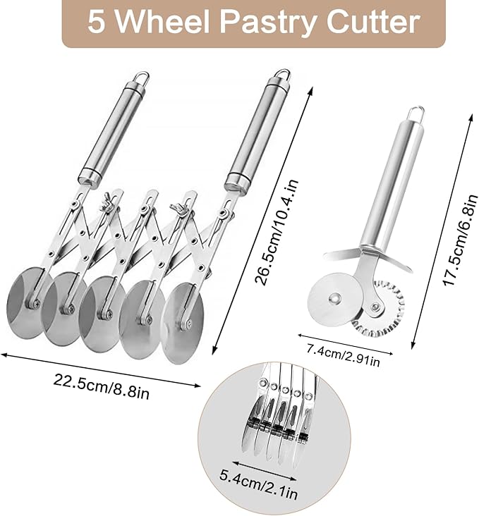 5 Wheel Pastry Cutter, Stainless Steel Dough Cutter Wheel with Handle, Dual Fluted Ravioli Pasta Noodle Pizza Slicer, Expandable Round Pastry Knife, Versatile Cookie Dough Divider - Image 2