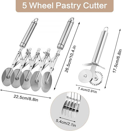 5 Wheel Pastry Cutter, Stainless Steel Dough Cutter Wheel with Handle, Dual Fluted Ravioli Pasta Noodle Pizza Slicer, Expandable Round Pastry Knife, Versatile Cookie Dough Divider - Image 2