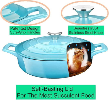 La Cuisine Enameled Cast Iron Braiser Sauté Pan Shallow Dutch Oven with Lid, 3.75 QT 11" / 28cm Dia. Internal Matt Black Enamel Coating, Teal, Oven Safe Up to 500° F, Induction Cooktop Compatible
