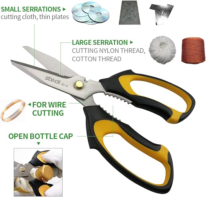 Stedi Scissors Heavy Duty 8-Inch,Multipurpose Scissors,Sharp Stainless Steel Shears with Serrated Edge & Protective Cover,Non-Slip Handle,Easy Cutting Cardboard, Carpet,Leather, Fabric, Wires, Yellow - Image 2