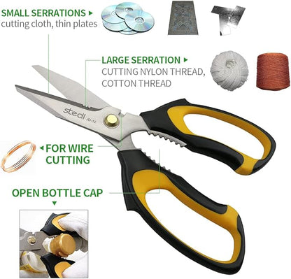 Stedi Scissors Heavy Duty 8-Inch,Multipurpose Scissors,Sharp Stainless Steel Shears with Serrated Edge & Protective Cover,Non-Slip Handle,Easy Cutting Cardboard, Carpet,Leather, Fabric, Wires, Yellow - Image 2