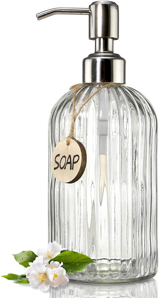 JASAI 18 Oz Clear Glass Soap Dispenser with Rust Proof Stainless Steel Pump, Refillable Liquid Hand soap Dispenser for Bathroom, Premium Kitchen Soap Dispenser (Clear). by JASAIHOME