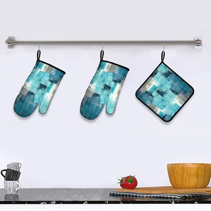 LOKMU Oven Mitts and Pot Holders Set of 3, Teal and Grey White Abstract Art Heat Resistant Kitchen Gloves Hot Pads for Cooking Baking BBQ, Kitchen Decor Gifts for Cooking Lover Cooks