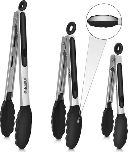 Eddeas Kitchen Tongs with Silicone Tips, Tongs for Cooking Heat Resistant 600 Degrees Stainless Steel Locking Tong - 7" 9" & 12 inch Silicone Tong Non-Stick, Black Set of 3 by Eddeas