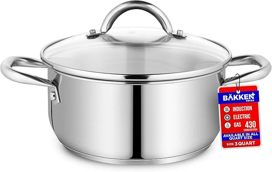 Stainless Steel Stockpot with Tempered Glass Lid 3 Quart, Durable 18/0 Stainless Steel, Impact-Bonded Base for Even Heating, Riveted Handles, Oven & All Stove Compatible, Safe Up To 500°F (260°C) by Unknown