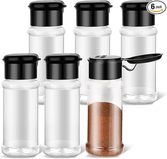 TIESOME 6 Pcs Plastic Spice Jars with Shaker Lids, 3 oz Clear Seasoning Containers for Spice Rack, Drawer, Cabinet Storage (Black Lid) by TIESOME