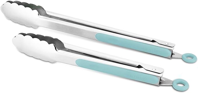 Premium 304 Stainless Steel Tongs Set – 12" Grill Tongs & 9" Cooking Tongs, Heat Resistant up to 600°F, Wavy Grip Head, Non‑Slip Handle with Locking Clip & Hanging Loop, Dishwasher Safe, Aqua Sky by ALLWIN-HOUSEWARE