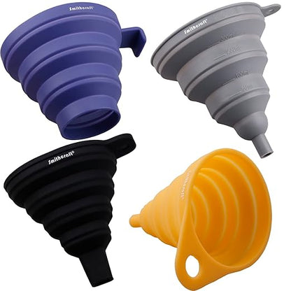 Funnel Set 4, Silicone Funnels for Kitchen, Collapsible Funnels for Water Bottle, Liquid Transfer Folding Camping Funnel with Narrow and Wide Mouth