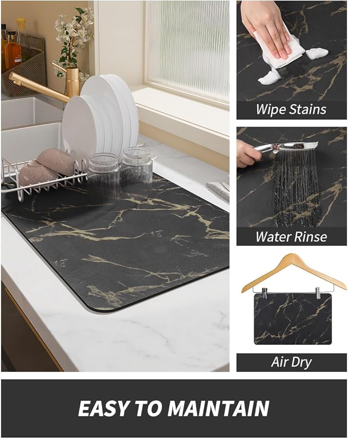 AMOAMI Coffee Mat - Hide Stain Rubber Backed Absorbent Dish Drying Mat for Kitchen Counter - Black & Gold - Image 4