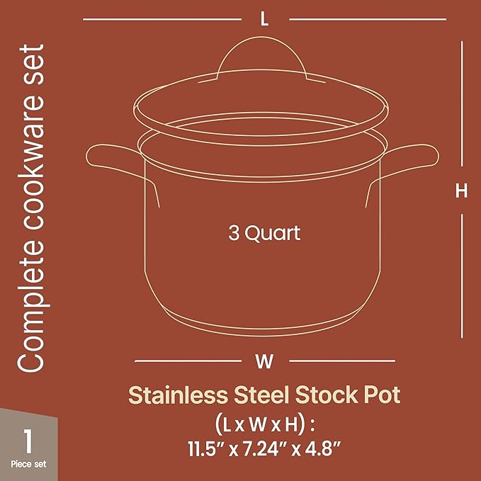 Stainless Steel Stockpot with Tempered Glass Lid 3 Quart, Durable 18/0 Stainless Steel, Impact-Bonded Base for Even Heating, Riveted Handles, Oven & All Stove Compatible, Safe Up To 500°F (260°C) - Image 2