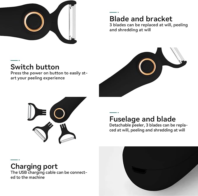3-in-1 Electric Peeler | Auto Blade for Fruits/Vegetables | 3 Interchangeable Blades | Type-C Charging,Battery Capacity 1500 mAh | Kitchen, Travel, Camping - Image 5