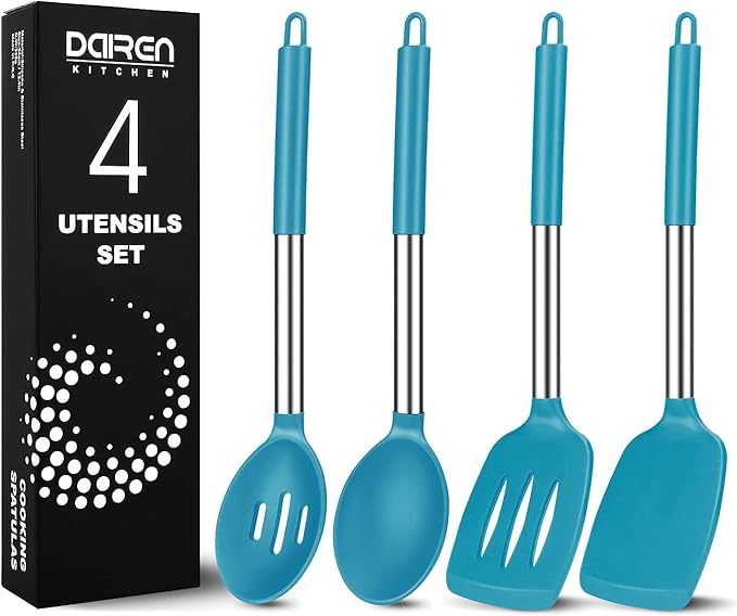 Pack of 4 Large Silicone Cooking Spatulas and Spoons, Slotted and Solid Stainless Steel Cooking Utensils Set, Non-stick Heat Resistant Kitchen for Baking, Fried, Stir-Fry, Mixing, Serving (Blue) by DaiRenKitchen