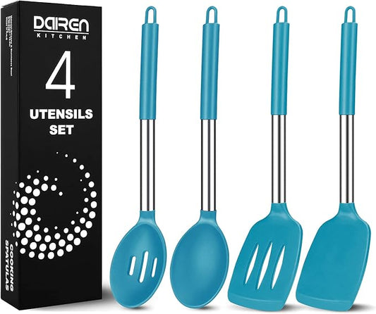 Pack of 4 Large Silicone Cooking Spatulas and Spoons, Slotted and Solid Stainless Steel Cooking Utensils Set, Non-stick Heat Resistant Kitchen for Baking, Fried, Stir-Fry, Mixing, Serving (Blue) by DaiRenKitchen