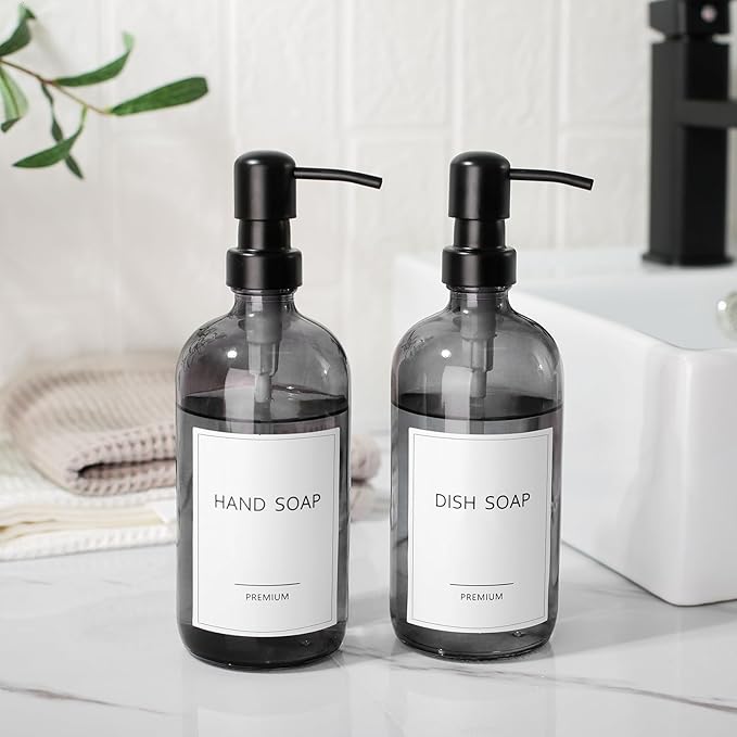 GMISUN Black Soap Dispenser, 2 Pack Hand Soap Dispensers for Bathroom, 17 Fl Oz Dish Soap Dispenser for Kitchen with Stainless Steel Pump, Modern Liquid Soap Bottle Set - Image 4