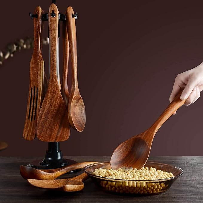 12 Pack Wooden Spoons for Cooking - Natural Teak Kitchen Utensils Set with Spatulas - Image 5