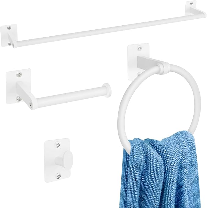 KLJKPA Bathroom Accessories Set, 4 Pieces White Bathroom Hardware Set, 24 inch Towel Bar, Towel Racks for Bathroom, Robe Towel Hooks, Toilet Paper Holder Wall Mounted by KLJKPA