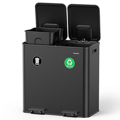 Lovewind 2×11.5 Gallon Dual Trash Can, Stainless Steel Dual Garbage and Recycling Can with Foot Pedal, 90° Stay-Open Lid, Pet-Proof Design – Large Dual Compartment Trash Recycling Bins Kitchen, Black