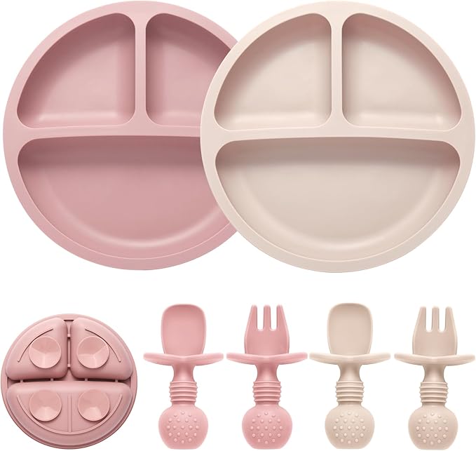 Eascrozn Silicone Feeding Set, 2 Pack Divided Toddler Plates with Suction, 2 Pack Utensils - Spoons & Forks, BPA Free, Baby Led Weaning Supplies by Eascrozn