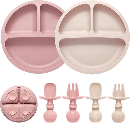 Eascrozn Silicone Feeding Set, 2 Pack Divided Toddler Plates with Suction, 2 Pack Utensils - Spoons & Forks, BPA Free, Baby Led Weaning Supplies by Eascrozn