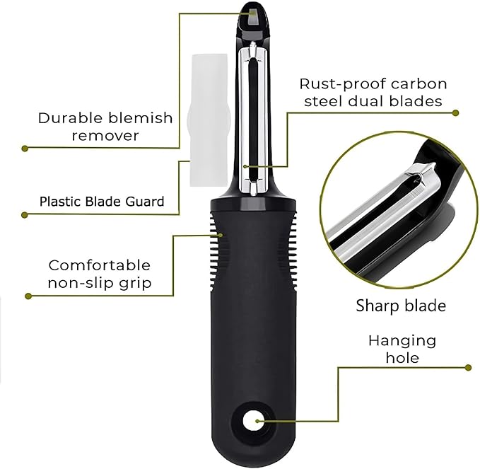 Swivel Vegetable Peeler with Non-Slip Ergonomic Handle, Rust-Proof Steel Blades, Built-in Potato Eye Remover, Plastic Blade Guard, Kitchen Peeler for Potato, Carrot, Apple, Veggie, Fruit, Black - Image 3