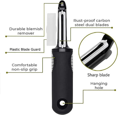 Swivel Vegetable Peeler with Non-Slip Ergonomic Handle, Rust-Proof Steel Blades, Built-in Potato Eye Remover, Plastic Blade Guard, Kitchen Peeler for Potato, Carrot, Apple, Veggie, Fruit, Black - Image 3