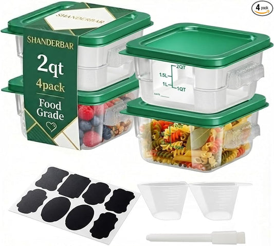 4 Pack 2QT Food Storage Containers with Green Lids, Clear Square Restaurant Commercial Food Storage Containers with Handle and Scale, Marinating Container Dough Rising Bucket for Home & Dining