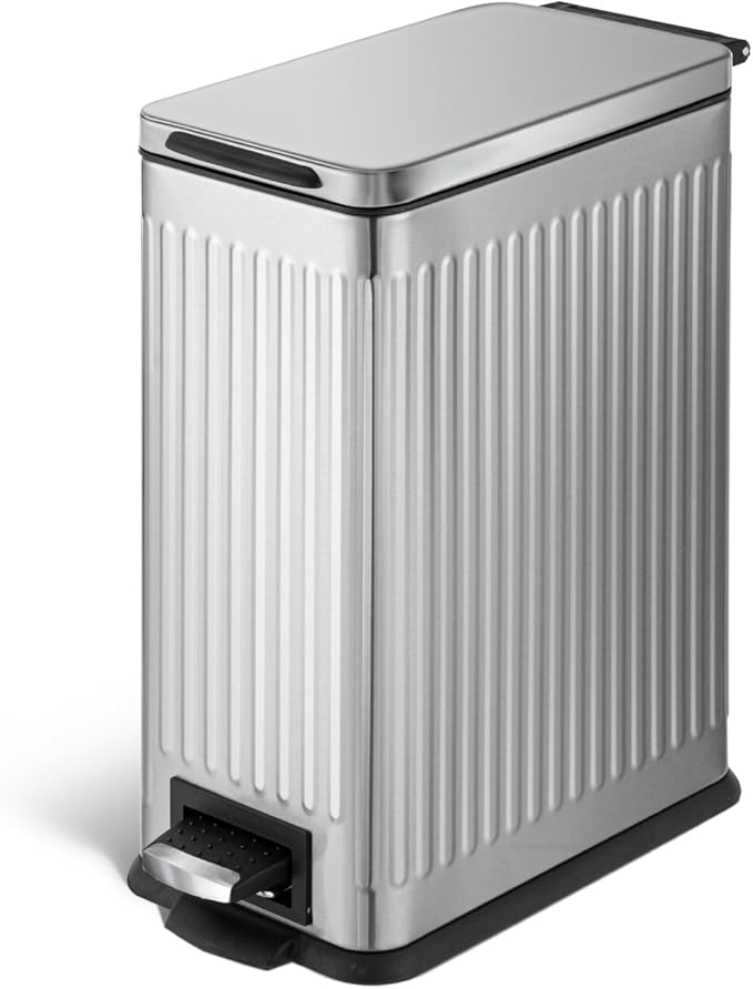 Home Zone Living 4 Gallon Kitchen Trash Can with Soft-Closing Lid and Step Pedal, Stainless Steel with Slim Ribbed Design for Home and Office, Silver, 17 Liters by HomeZoneLiving