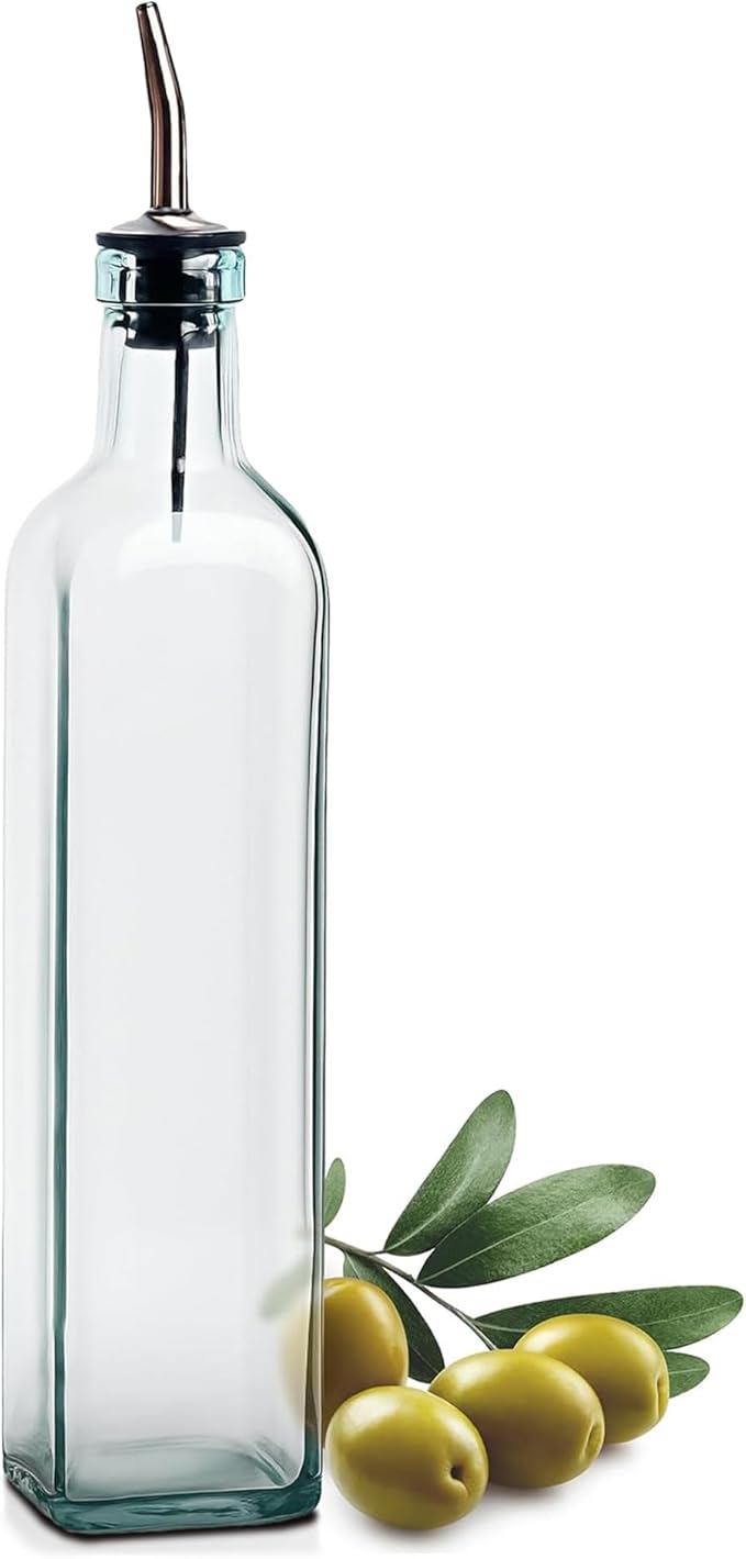 EHOMEA2Z Olive Oil Dispenser Bottle - 16 oz, Made in Italy Glass Olive Oil and Vinegar Cruet with Stainless Steel Spout for Kitchen, Slight Green Tint (1, 473 ml) by EHOMEA2Z