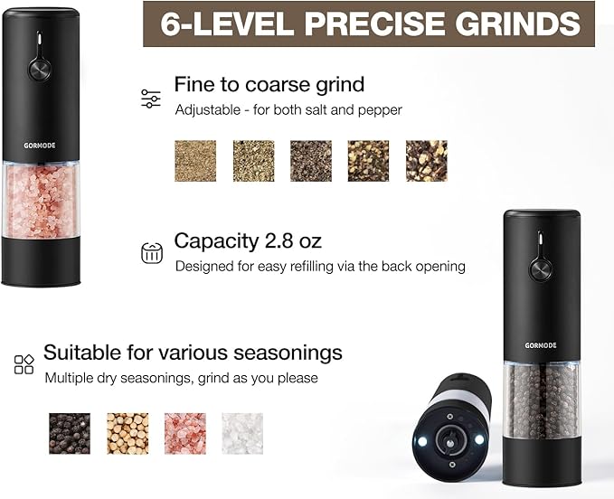 Black Stainless Steel Electric Salt and Pepper Grinder Set with Dust Cover – Rechargeable Automatic Pepper Mill, LED Light, Adjustable Coarseness (2 Pack) - Image 3