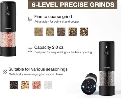 Black Stainless Steel Electric Salt and Pepper Grinder Set with Dust Cover – Rechargeable Automatic Pepper Mill, LED Light, Adjustable Coarseness (2 Pack) - Image 3