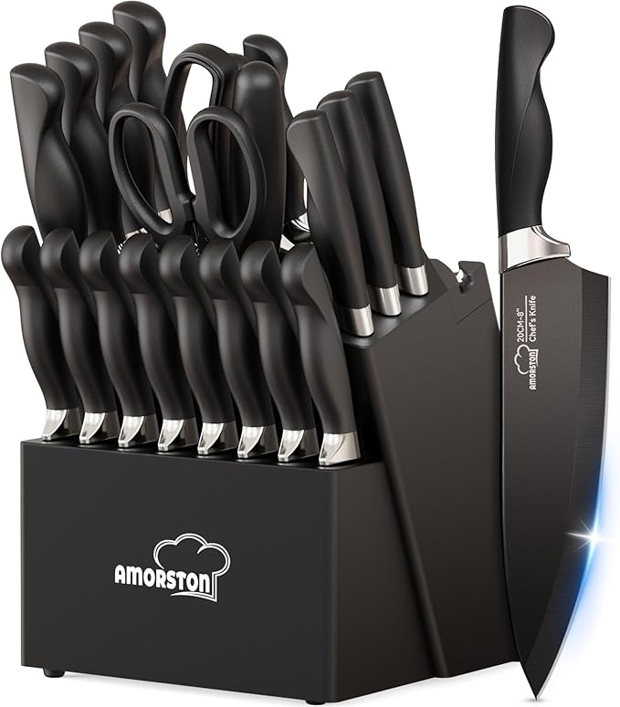 Knife Set, Amorston 21 Pieces Kitchen Knife Set with Block and Sharpener, Ultra-Sharp Knives Set with Ergonomic Handles, Black German Stainless Steel Knife Block Set, Dishwasher Safe by Amorston