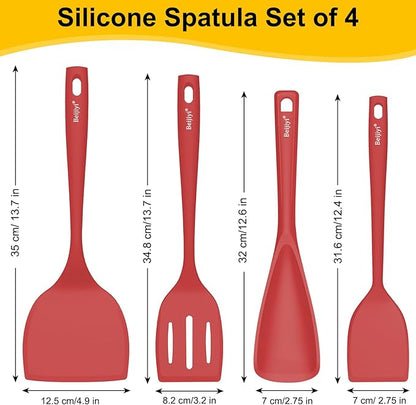 Beijiyi Silicone Spatula Set of 4, 600°F Heat Resistant, BPA Free Kitchen Spatula and Spoons for Nonstick Cookware, Solid & Slotted Turner Cooking Utensils for Serving, Flipping Egg, Pancakes (Red)