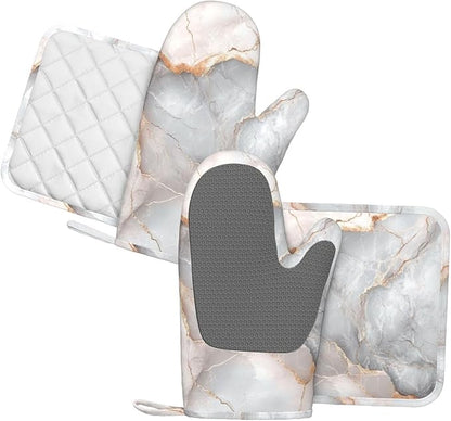 Oven Mitts and Pot Holders Gray Pastel Pink Marble Absstract Silicone Kitchen Accessories Set of 4 Heat Resistant Long Gloves Potholder Non-Slip Grip for Chef Cooking Baking Grilling BBQ